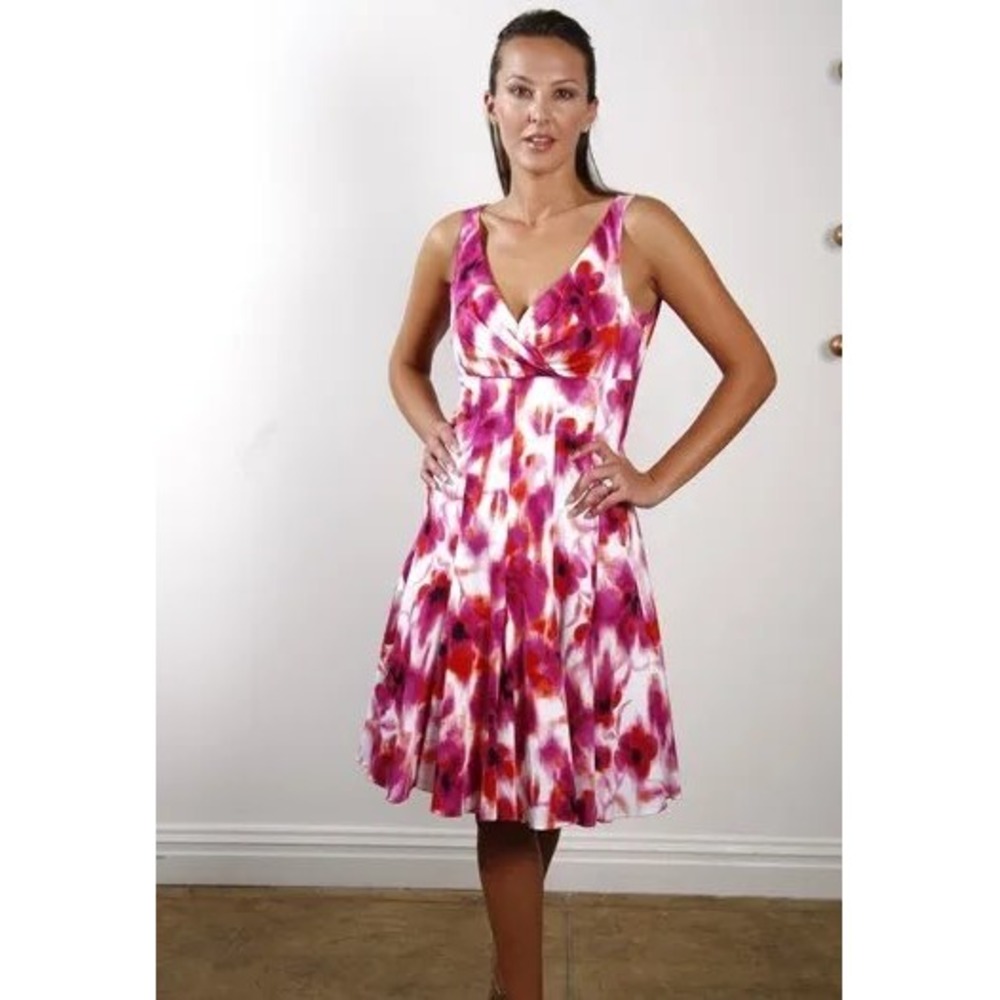 Chetta B Sunhee Pink Floral Sleeveless V-Neck Fit and Flare Dress Sz 8 Cocktail
